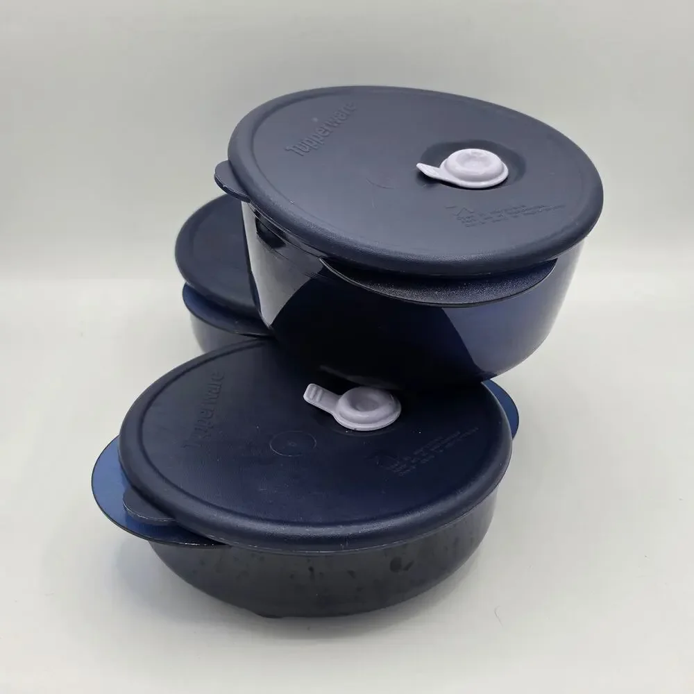 Tupperware Vent N Serve 3pc Small Round Microwave Container Set Indigo Blue